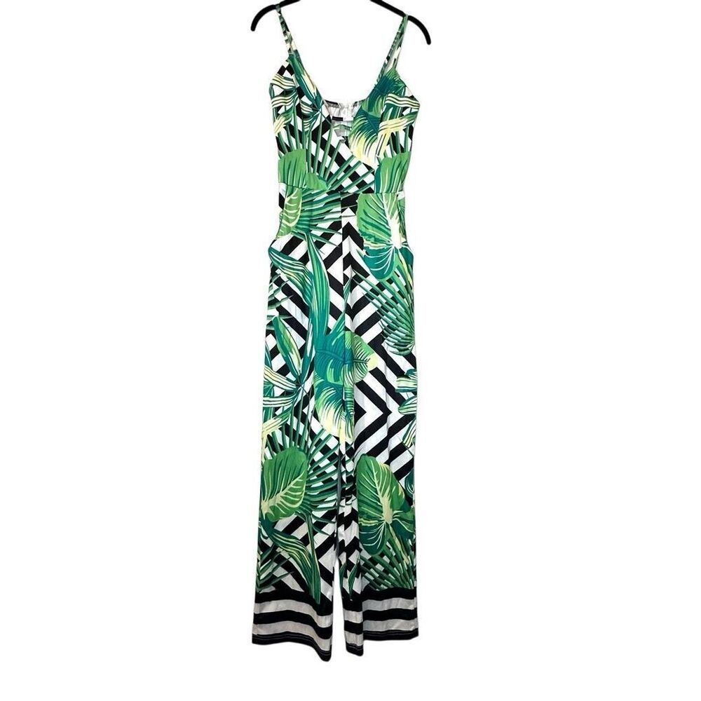 Soho Chic Floral Sleeveless Wide Leg Pockets One Piece Green Black Jumpsuit Smal